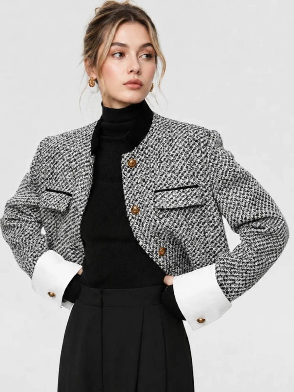 Commense Black & White Tweed Bouclé Crop Blazer